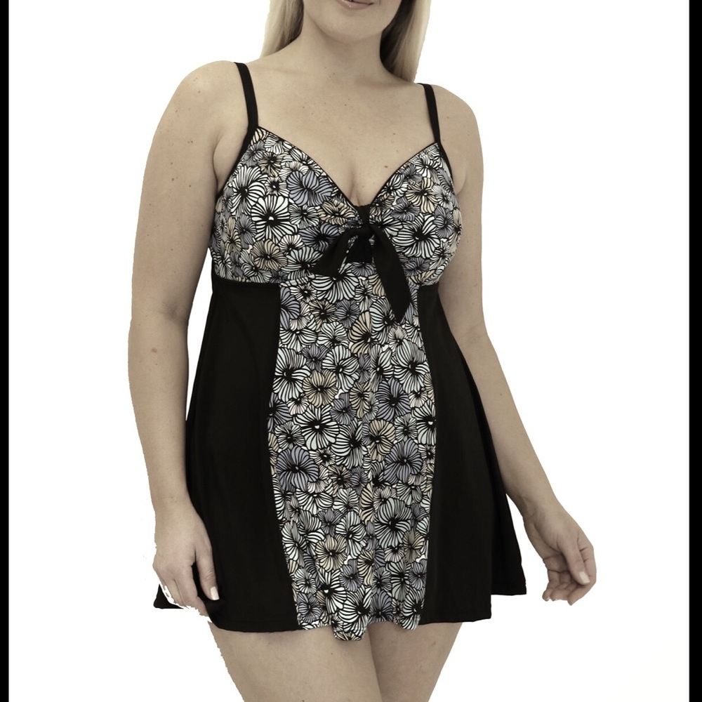 FIT 4U/BLOCKED VINTAGE TIE FRONT SWIM DRESS/16W